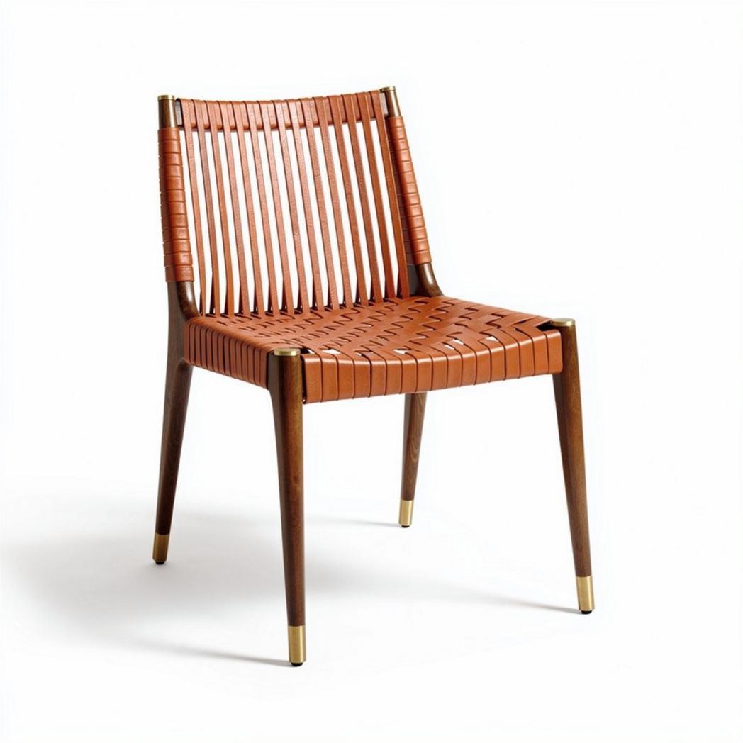 Wooden chair with woven leather straps in natural finish 45 x 45 x 85cm