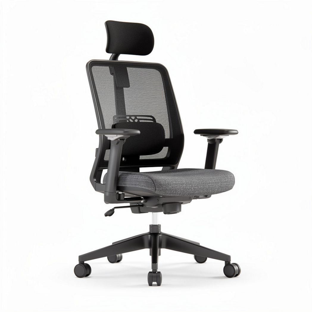Mesh ergonomic office chair with adjustable headrest grey fabric seat 60 x 60 x 100cm