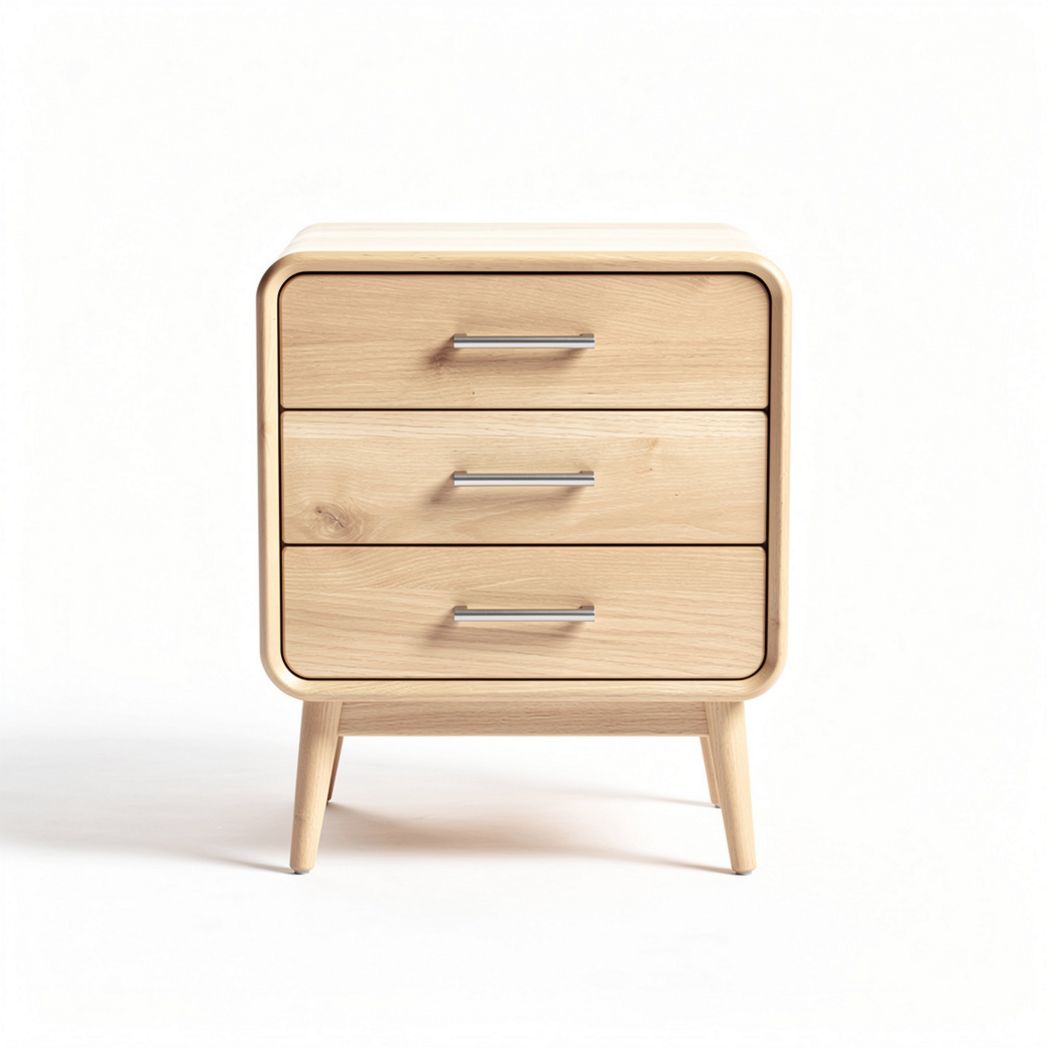 Natural wood nightstand with three drawers and silver handles 40 x 40 x 50cm