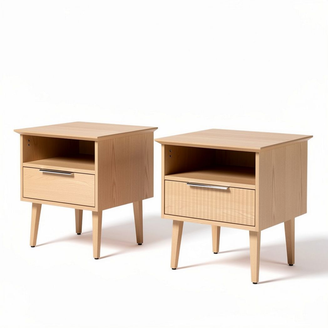 Natural wood bedside table set with drawer and open shelf 45 x 40 x 50cm