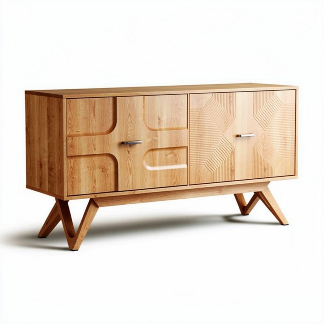 Wooden sideboard with patterned doors and tapered legs for living room storage