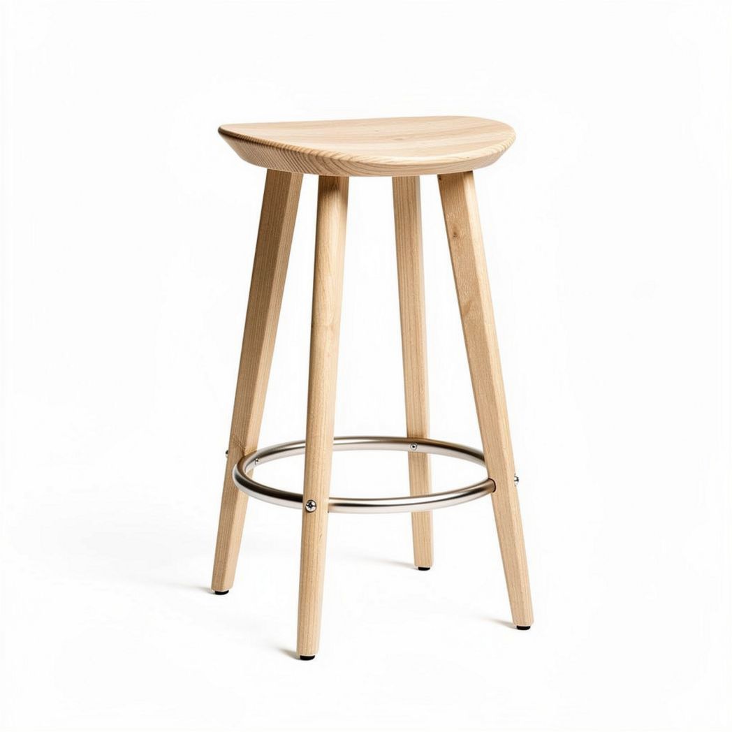 Wooden bar stool with round seat and metal footrest in natural finish 40 x 40 x 75cm