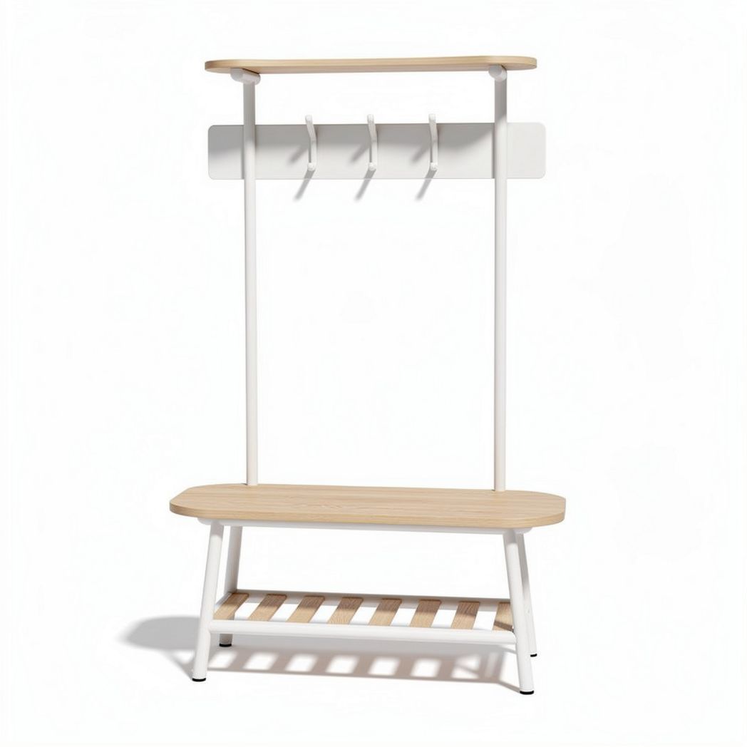 Wooden hall tree with three hooks and shoe storage bench 70 x 30 x 180cm