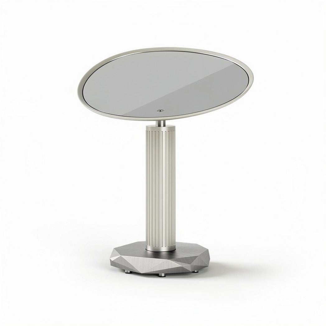 Oval glass end table with geometric metal base 60 x 40 x 75cm