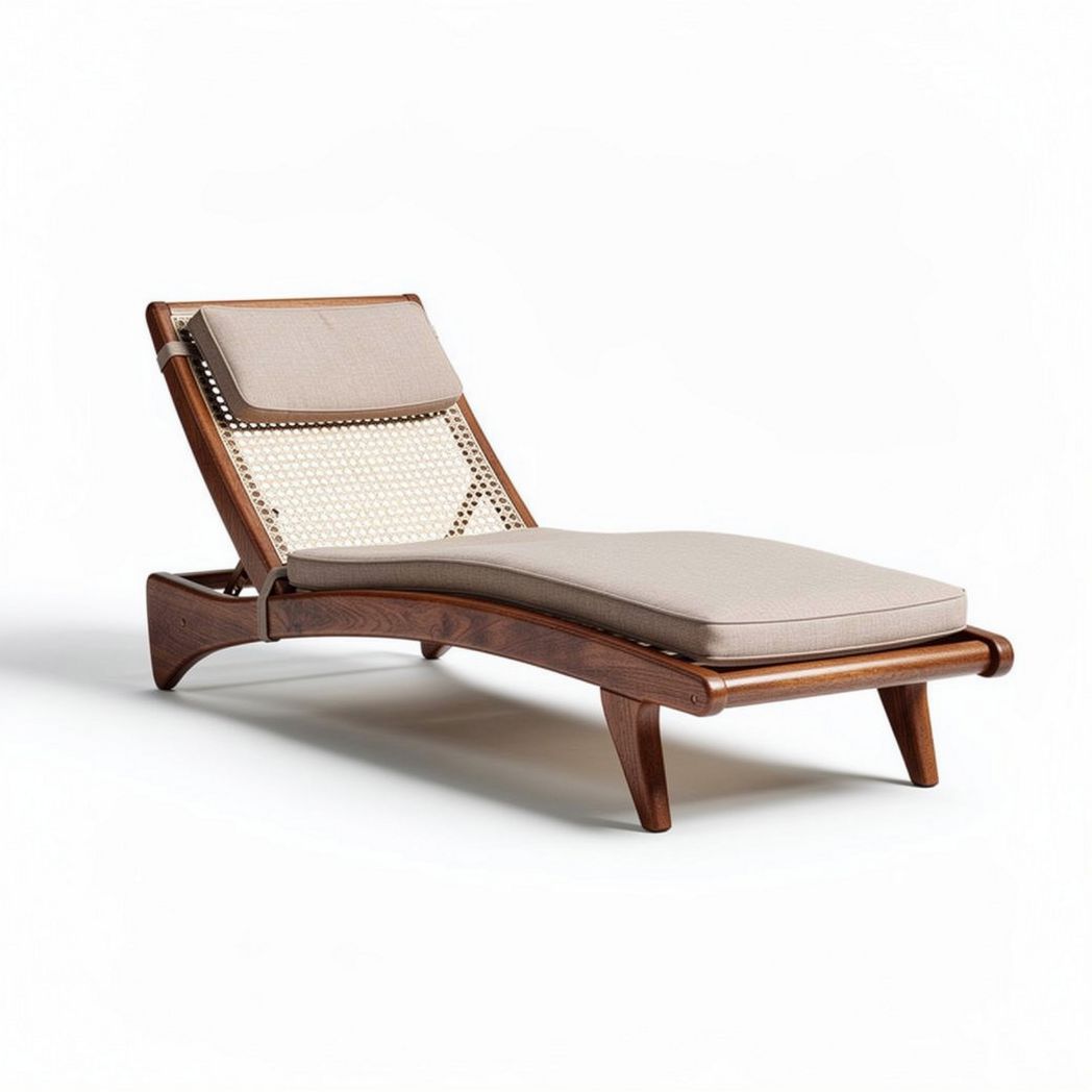 Wooden lounge chair with woven rattan backrest and beige cushion 180 x 65 x 80cm