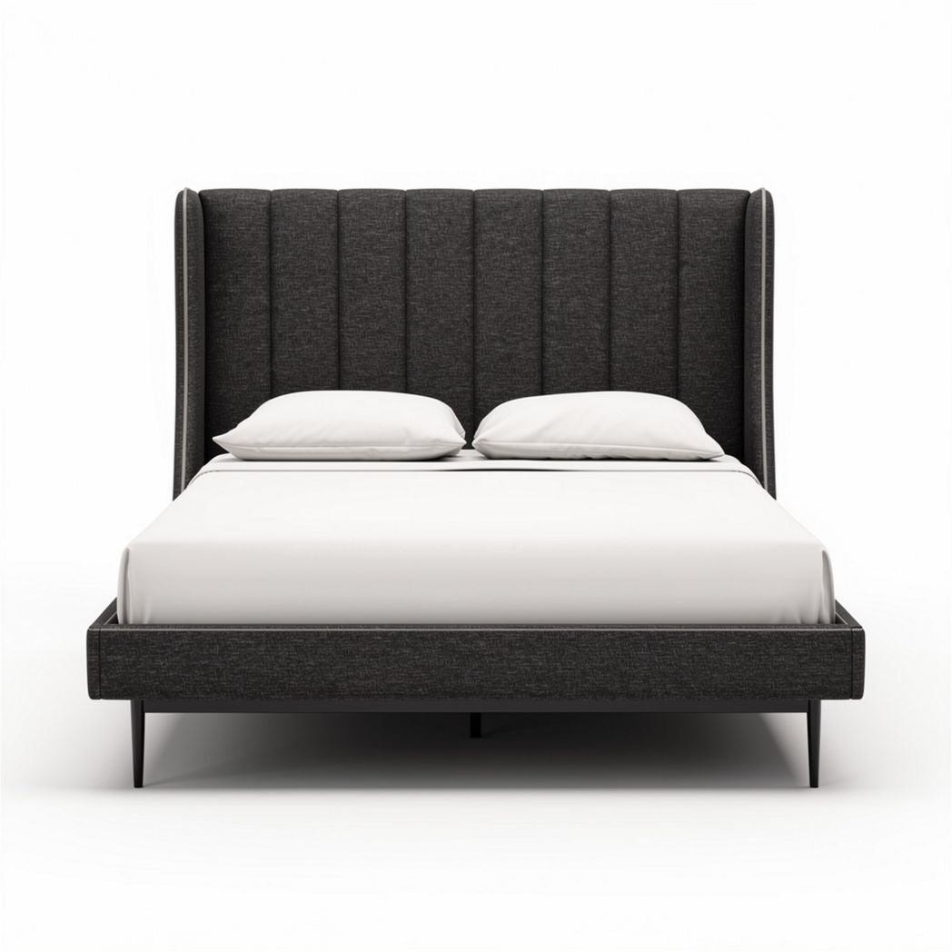 Upholstered bed with wingback headboard in dark gray fabric 200 x 160 x 120cm