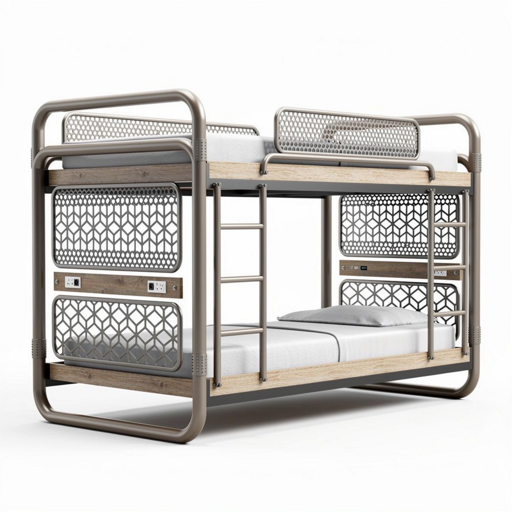Metal bunk bed with wooden accents and built-in USB ports 200 x 100 x 160cm